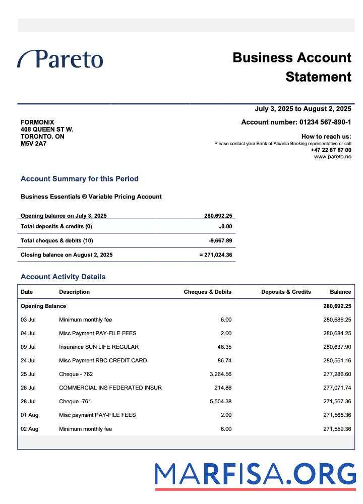 Blank Norway Pareto business checking account statement Word and PDF template